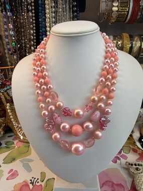 Vintage Japan Pink Multi-Strand Glass & Lucite Beaded Necklace